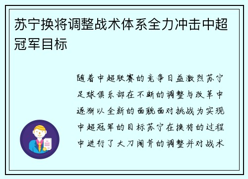 苏宁换将调整战术体系全力冲击中超冠军目标