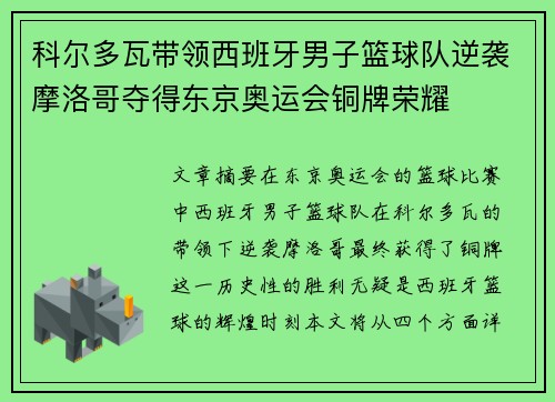 科尔多瓦带领西班牙男子篮球队逆袭摩洛哥夺得东京奥运会铜牌荣耀