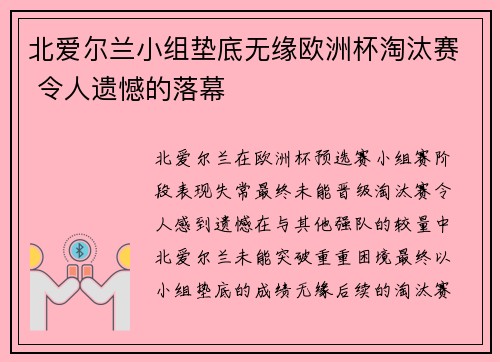 北爱尔兰小组垫底无缘欧洲杯淘汰赛 令人遗憾的落幕